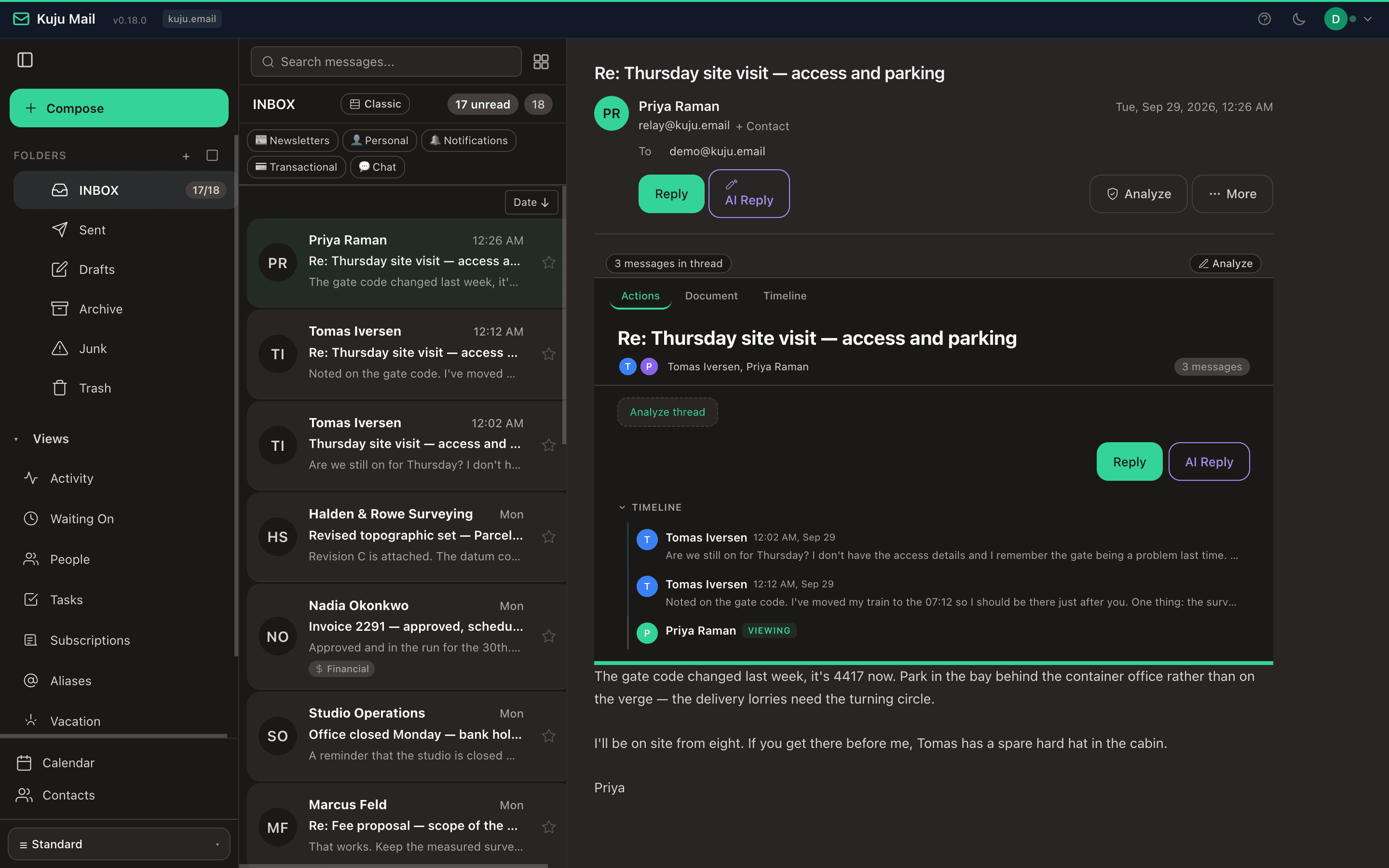 Kuju Mail in Standard mode: folders on the left, a studio's inbox in the middle, an open message on the right.