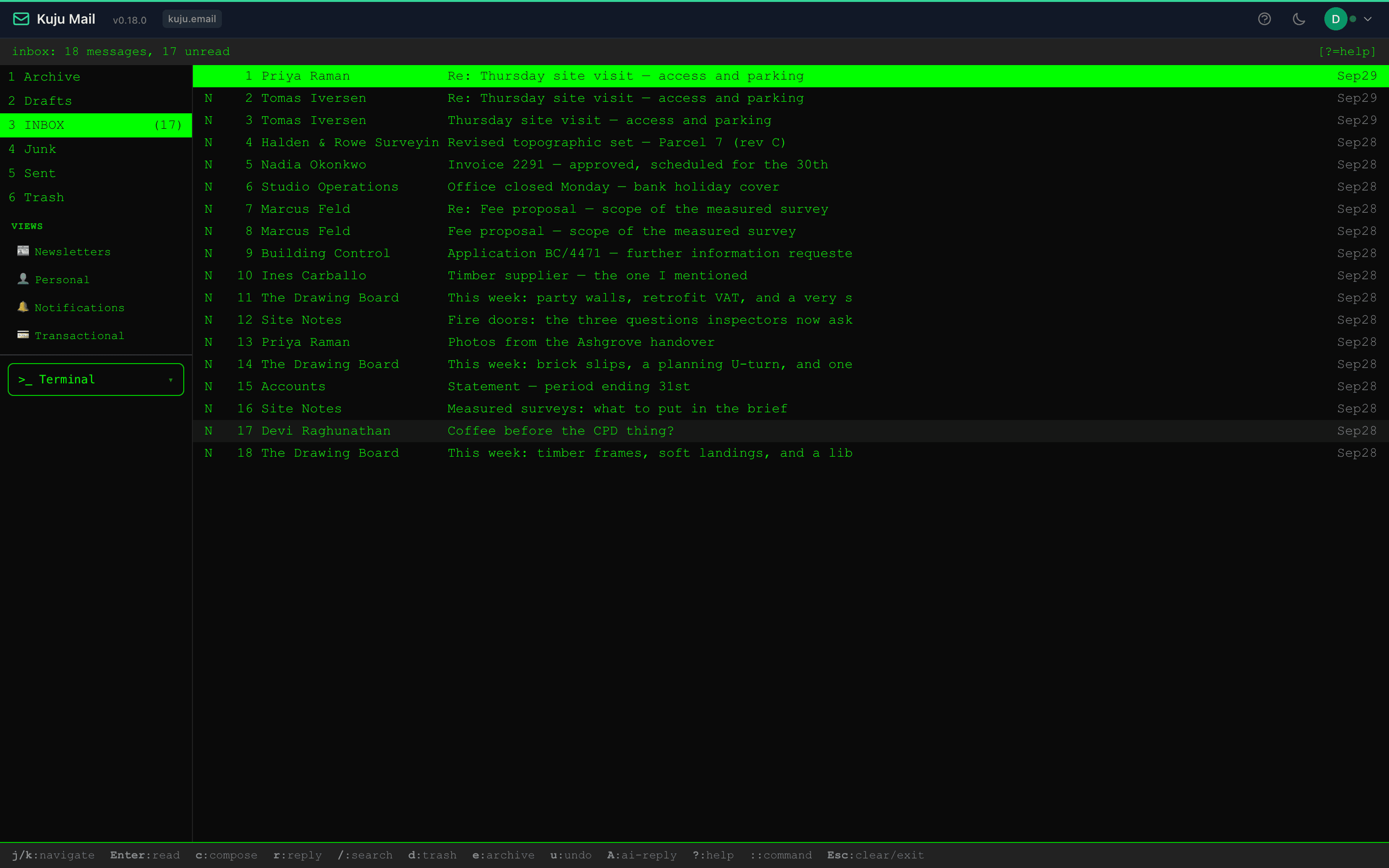 Kuju Mail in Terminal mode: the same inbox as monospace rows, driven entirely from the keyboard.