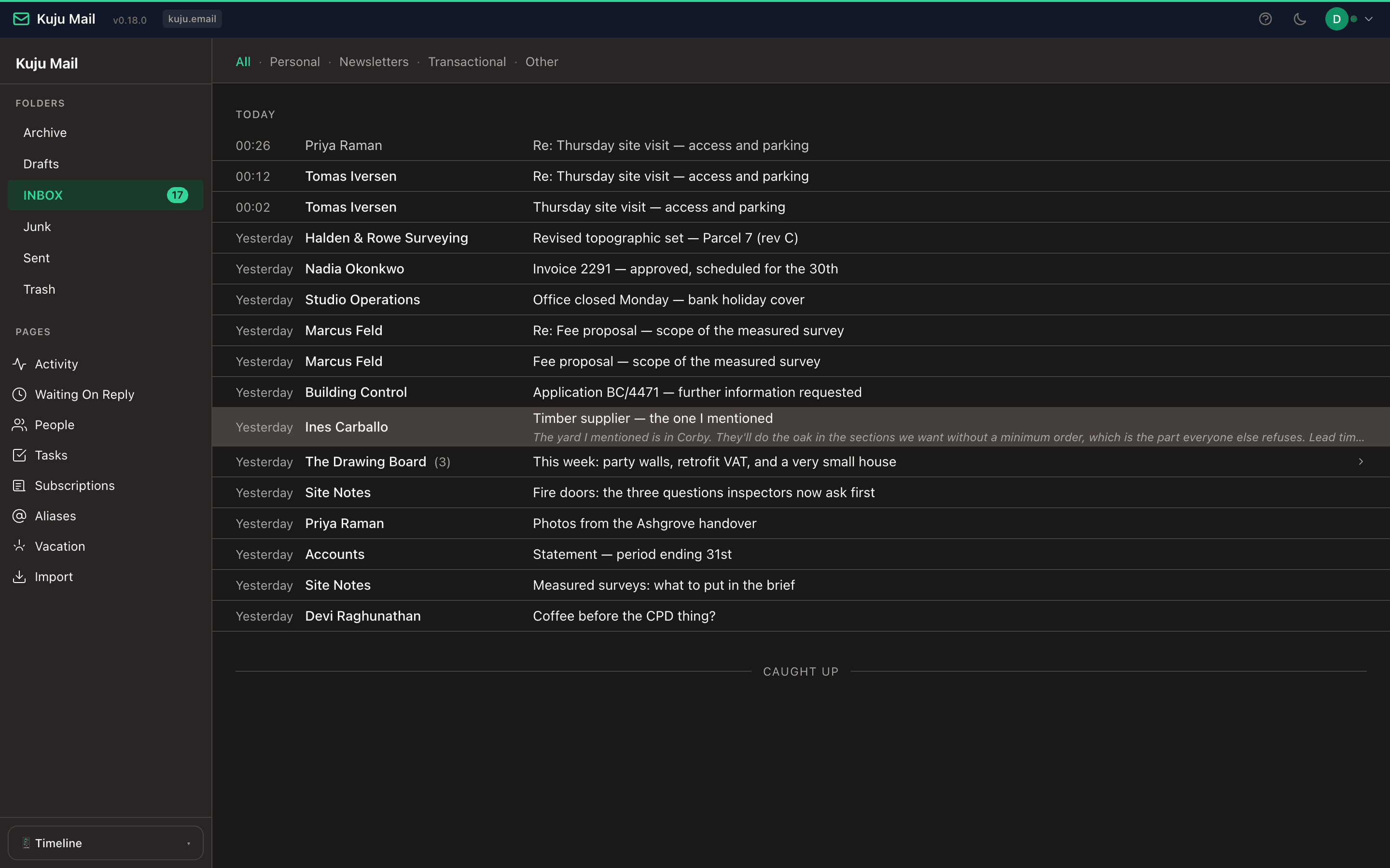 Kuju Mail in Timeline mode: the same inbox as dense single-line rows of time, sender and subject.